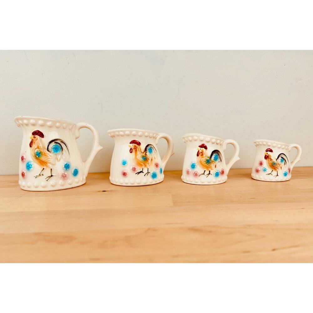 Vintage Rooster Measuring Pitchers Set of 4 Hobnail White Ceramic Japan MCM Deco